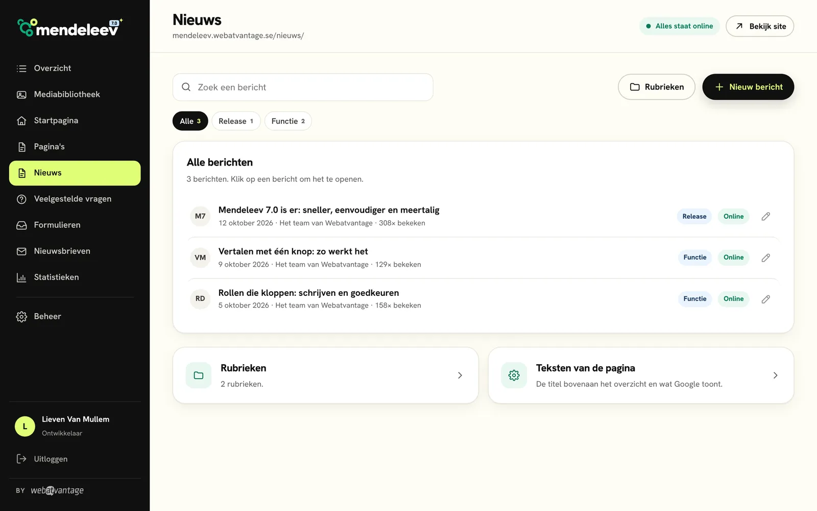 De lijst met nieuwsberichten in Mendeleev, met rubrieken en status