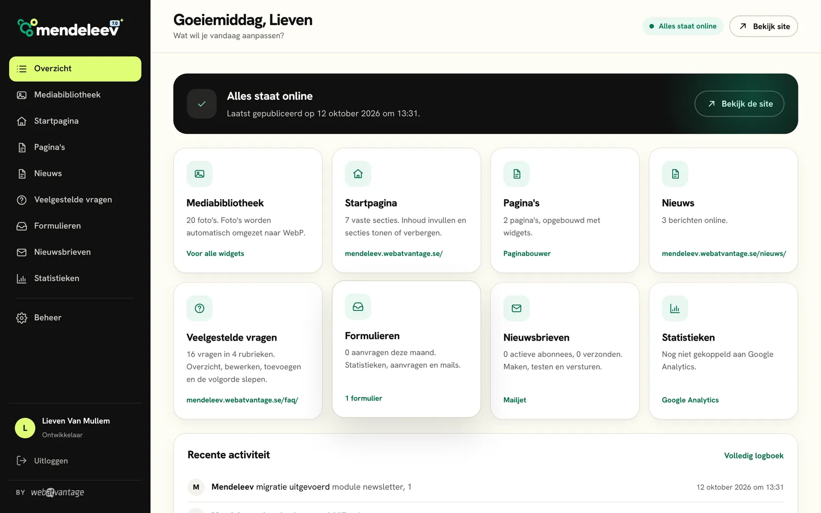 Het overzicht van Mendeleev 7.0, met alle onderdelen van de site op één scherm